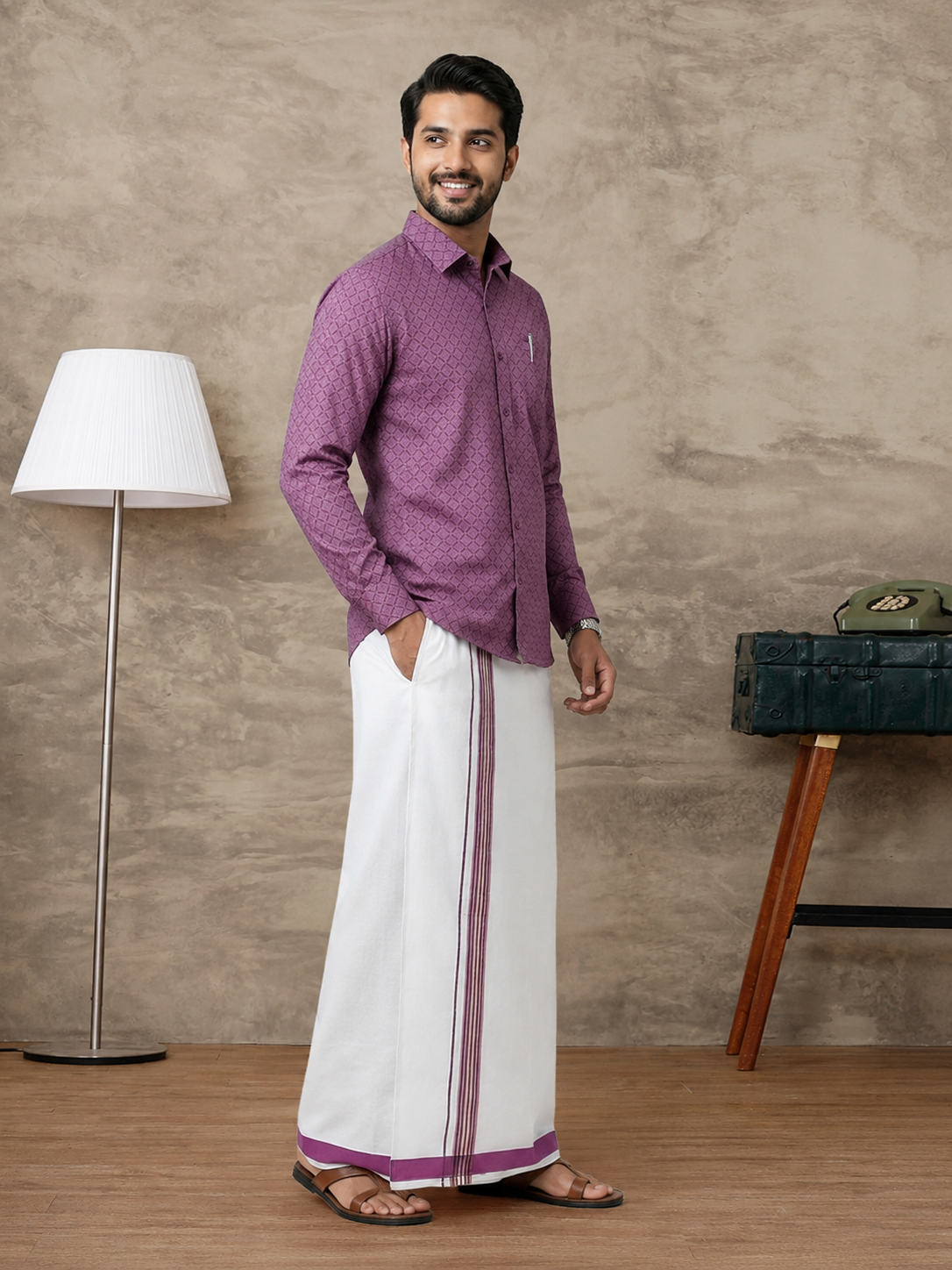 Cotton Rich Dark Megenta Printed Shirt with Matching Border Dhoti Set PS28