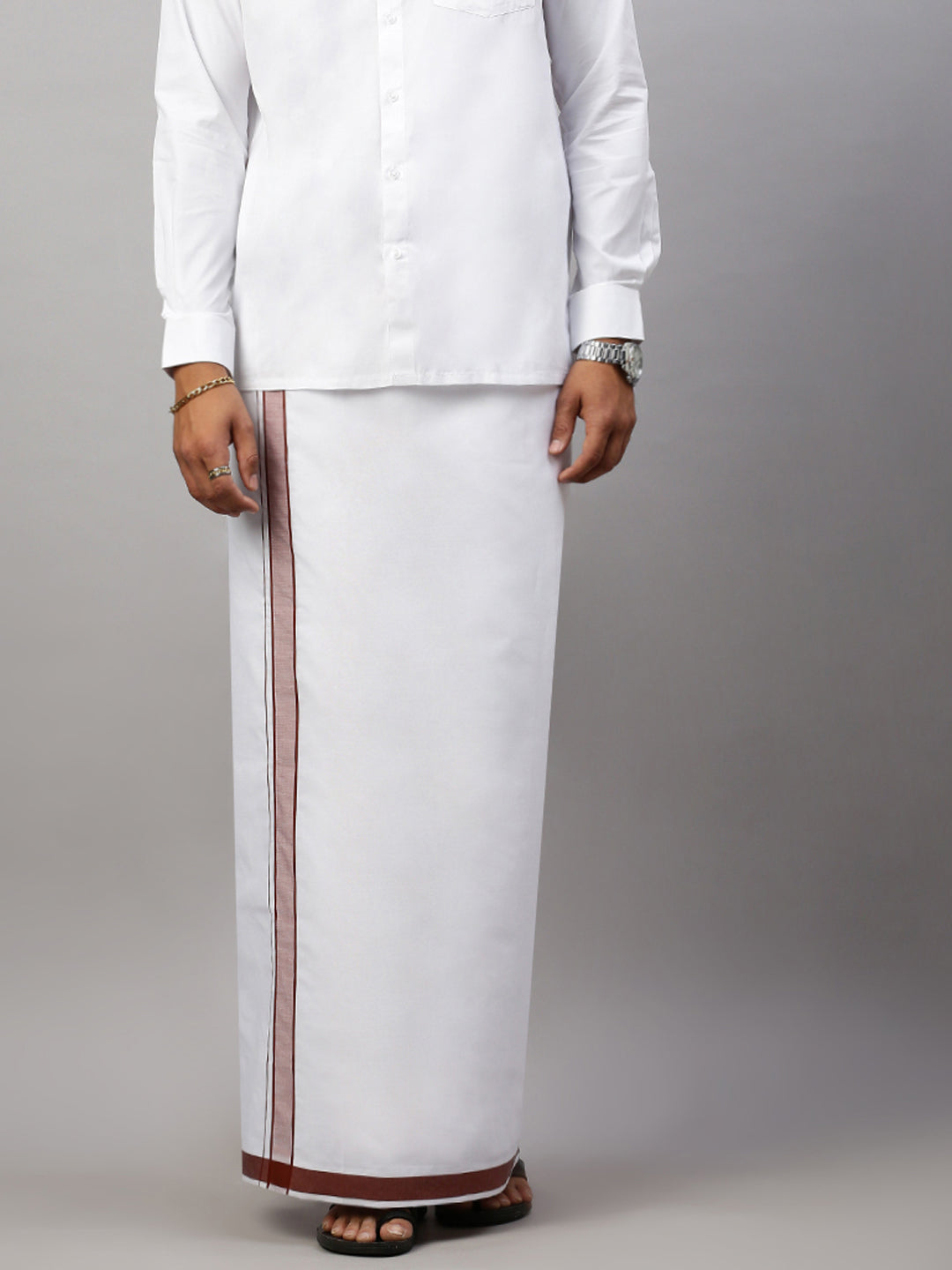 Mens White Shirt with Brown Fancy Border Dhoti Combo WP12