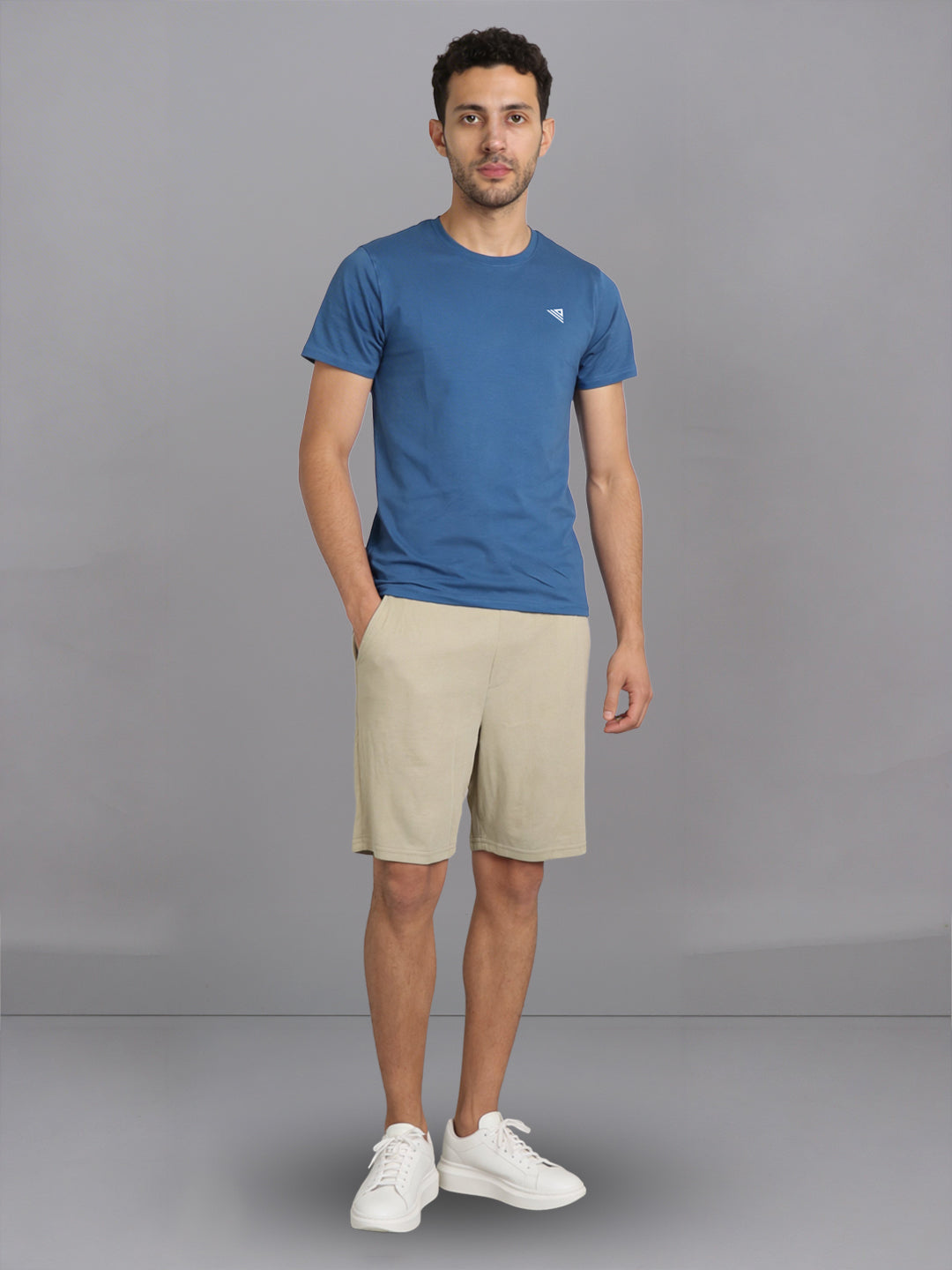 Men Petrol Blue T-Shirt and Beige Shorts Combo ES6