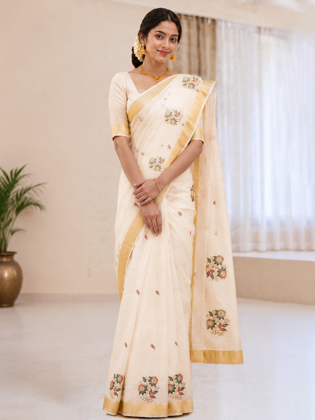 Women Kerala Embroidered Cream Saree KLS03