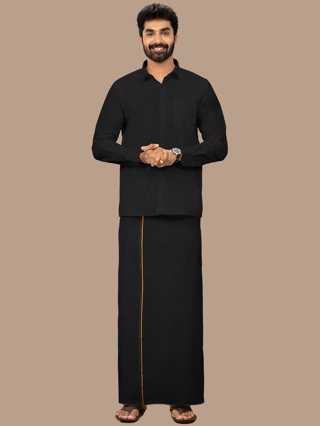 Men Cotton Blend Readymade Single Layer Black Dhoti with Assorted Border