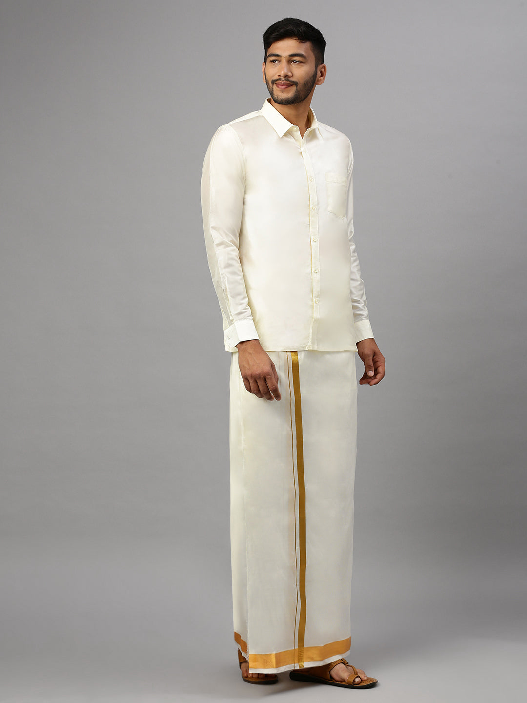 Men Cream Art Silk Full Sleeves Shirt, Double Dhoti & Towel Combo