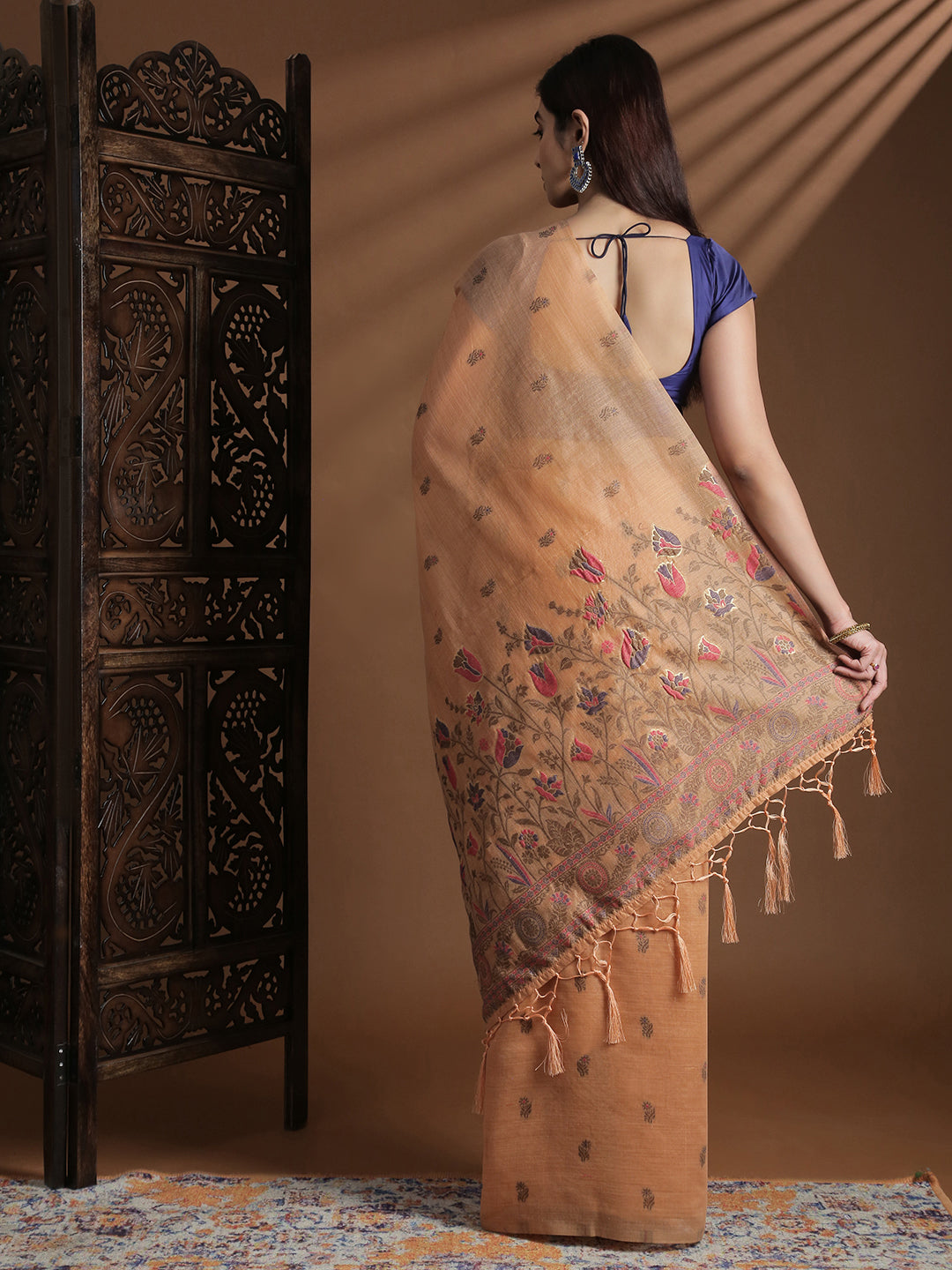 Women Peach Cotton Weaving Saree PCS254