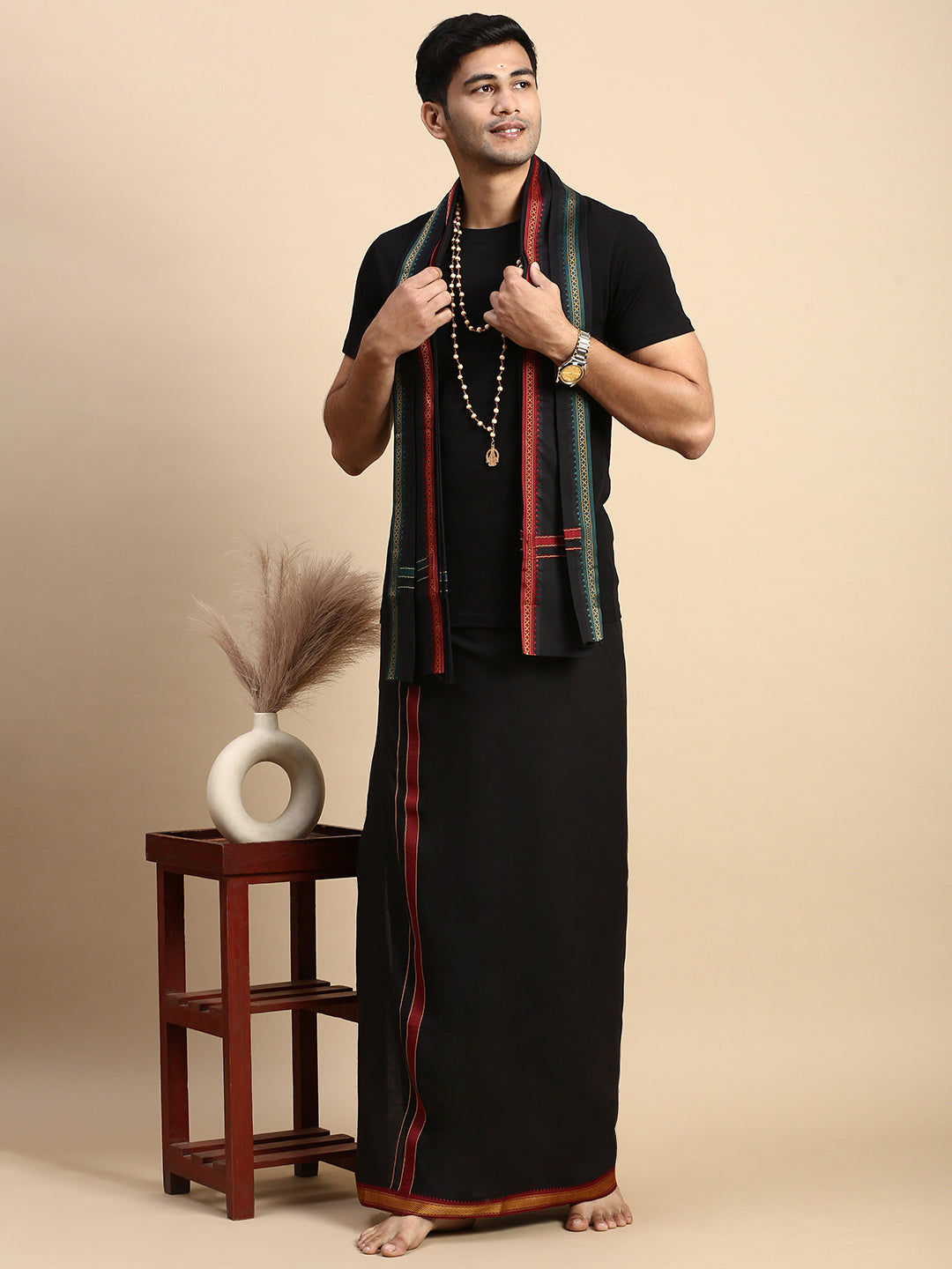 Men Devotional Mayilkhan Border Dhoti with Towel & TShirt Set Black ET14