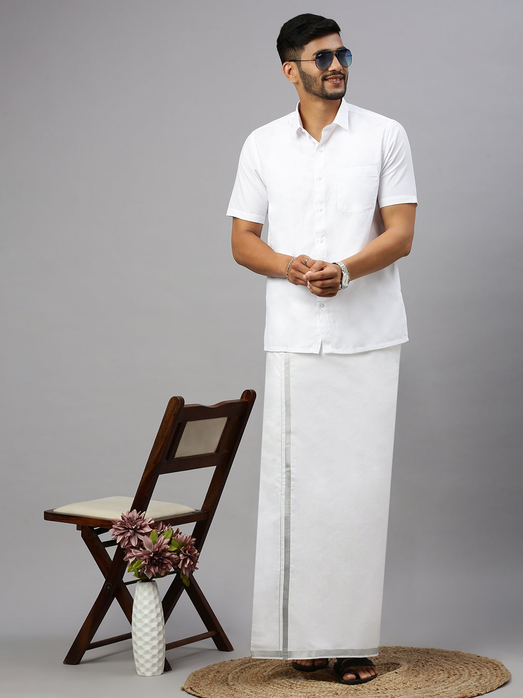 Men White Shirt with 3/4" Inch Silver Jari Border Single Layer Dhoti Combo Silver Storm