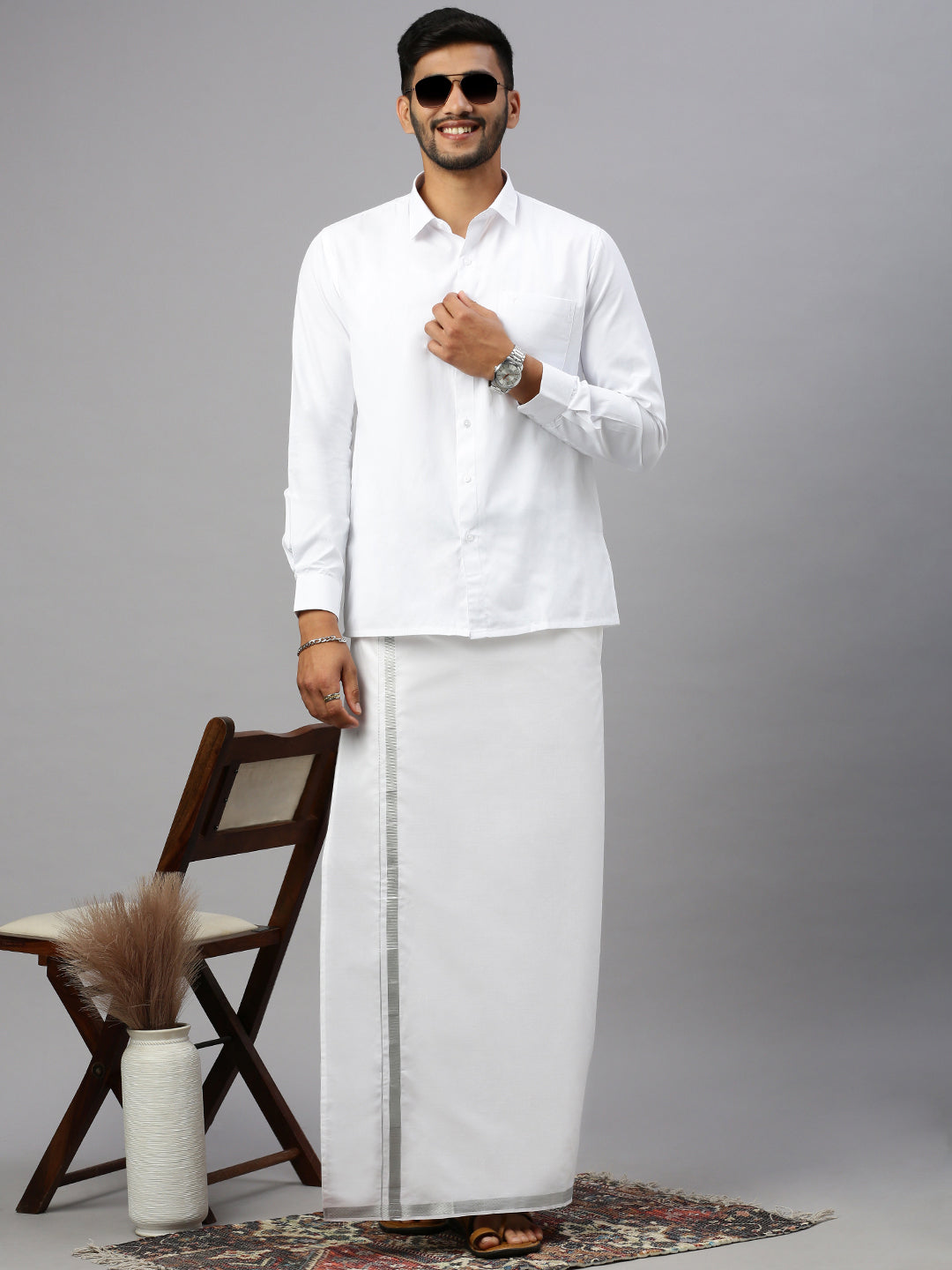 Mens Double Dhoti with Jari 1" Border Silver Earth