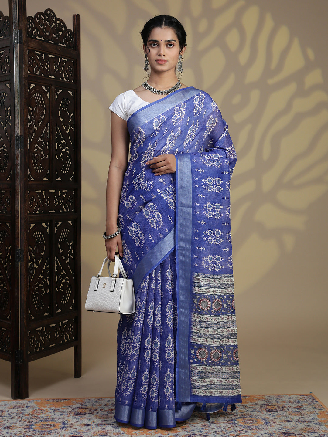 Women Dark Blue Semi Linen Saree SL233