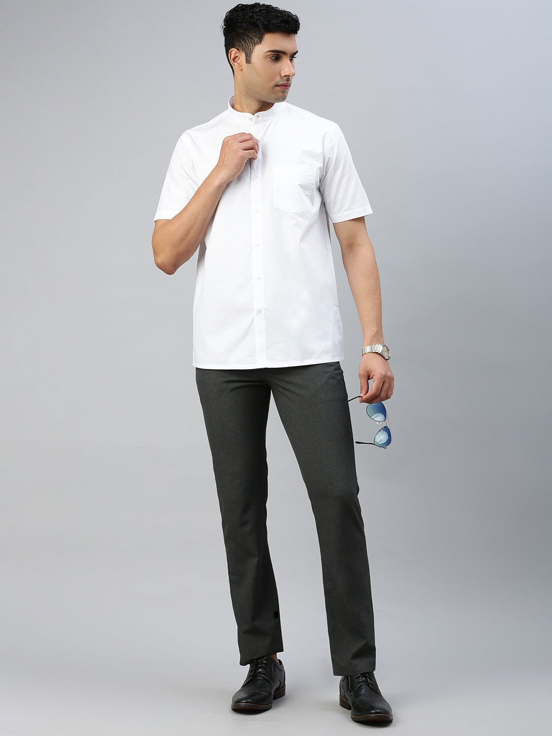 Men Grand Look 100% Cotton Chinese Collar White Shirt