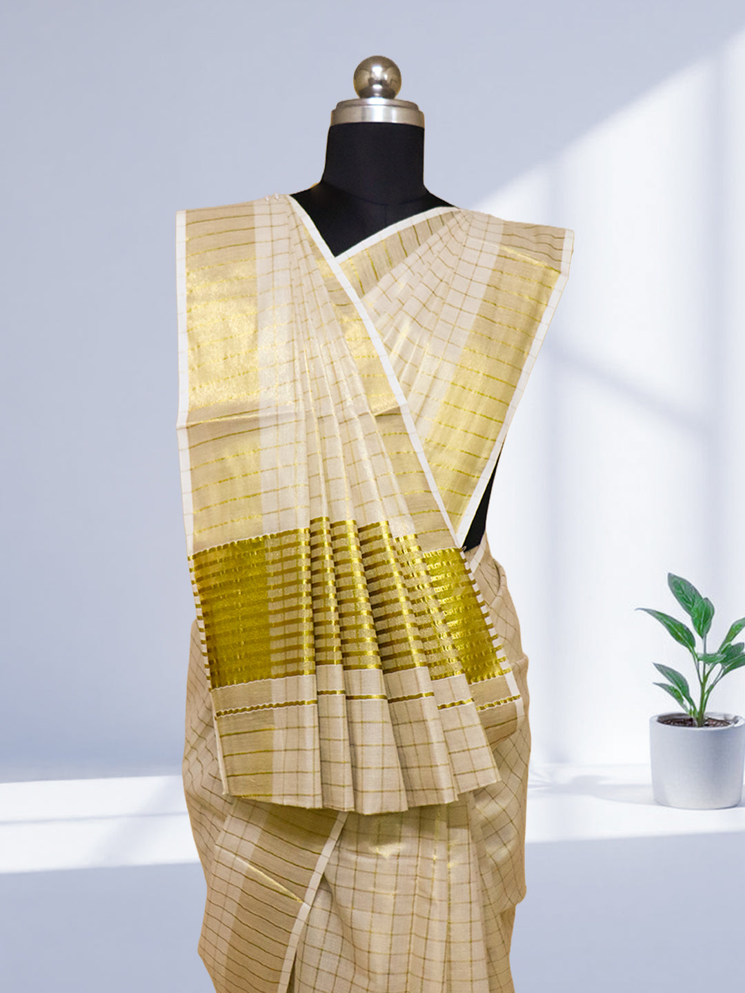 Women Kerala Tissue Gold Checks Saree KS210