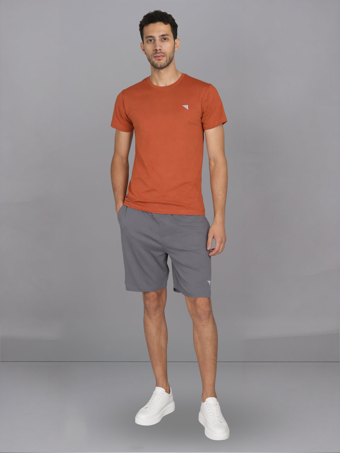 Men Orange T-Shirt and Grey Shorts Combo ES5