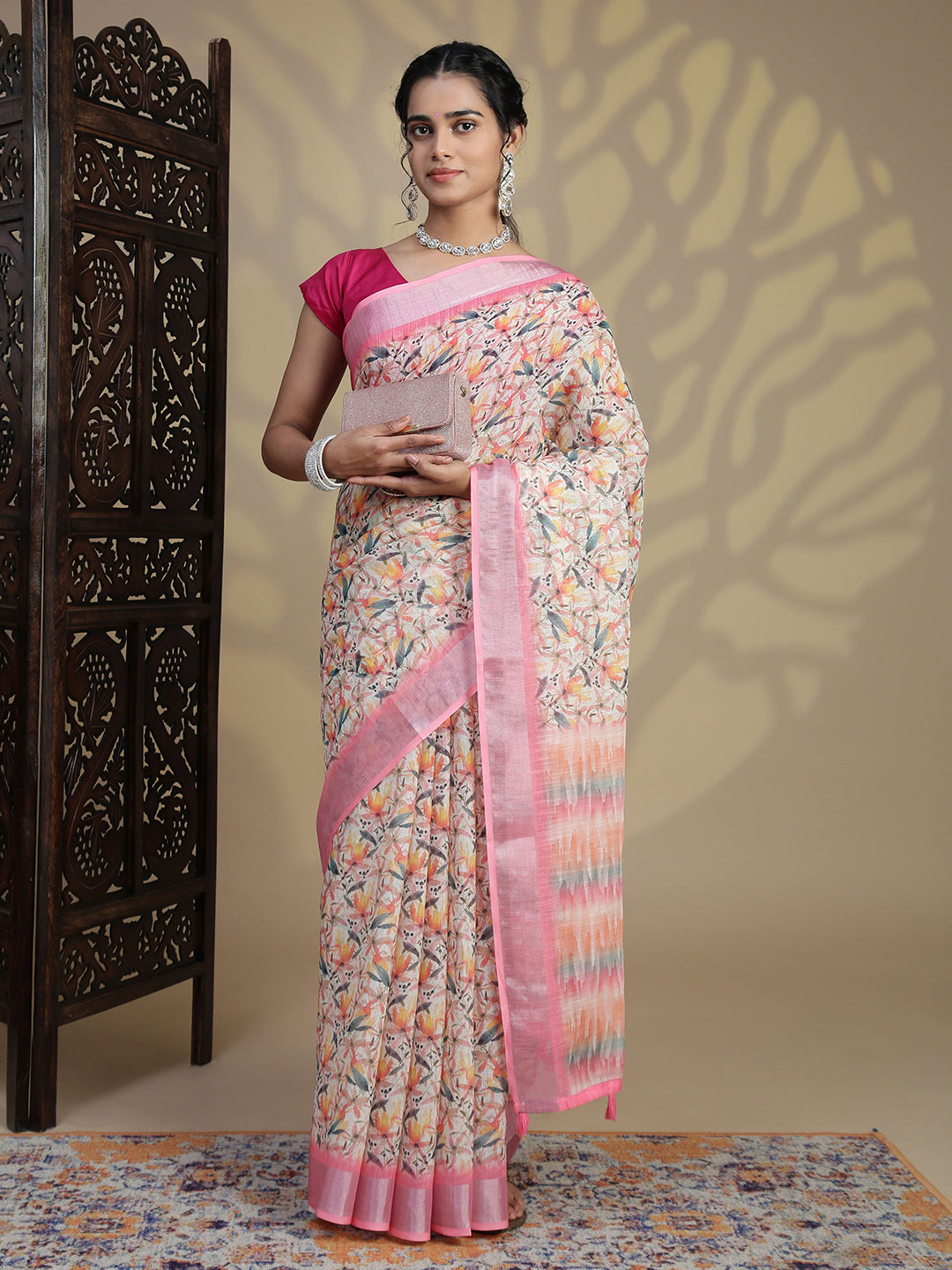 Women Pink Semi Linen Saree SL235