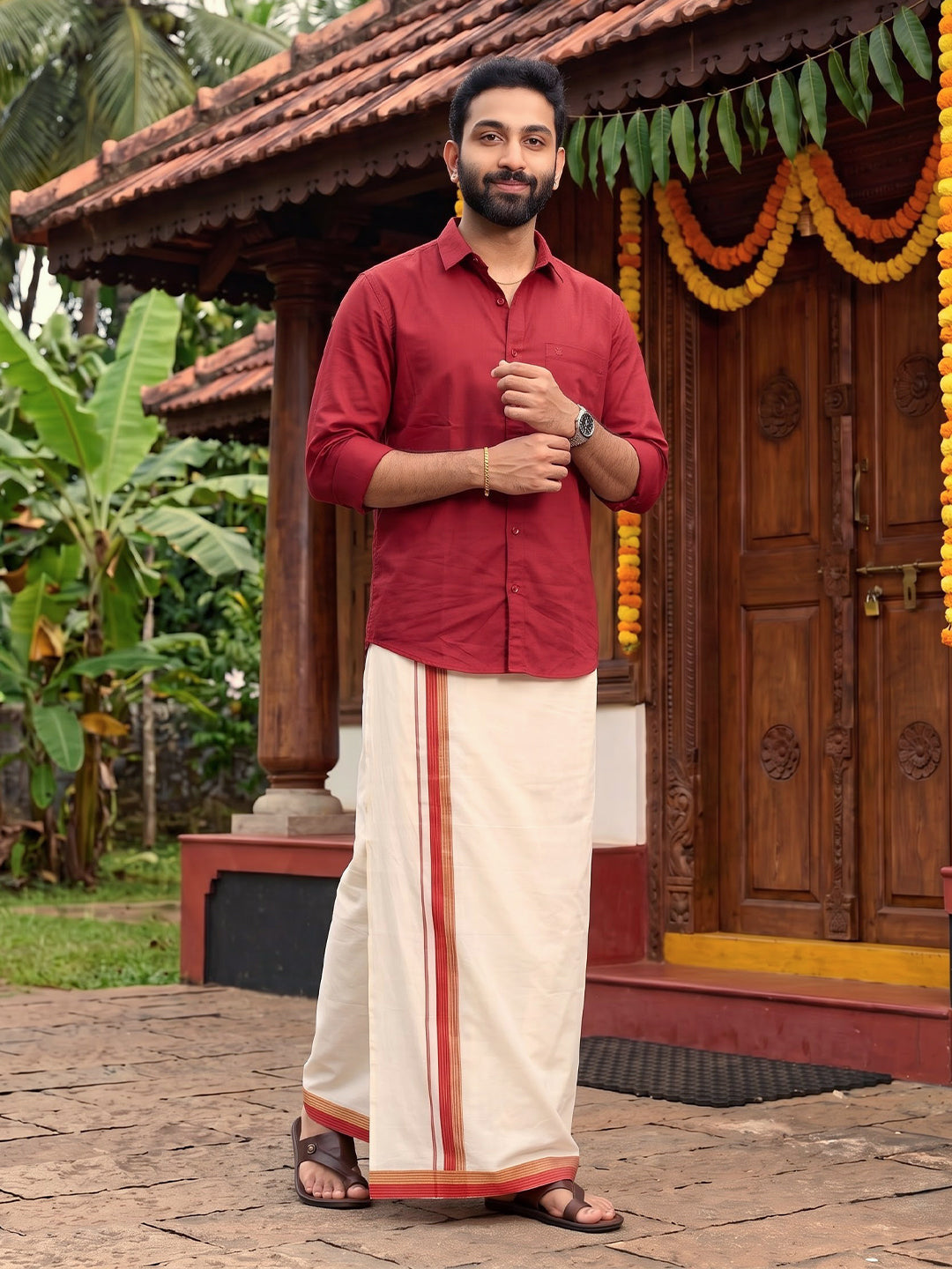 Double Layer 100% Cotton Cream Kora Dhoti with Colour Jari Border - RKF03