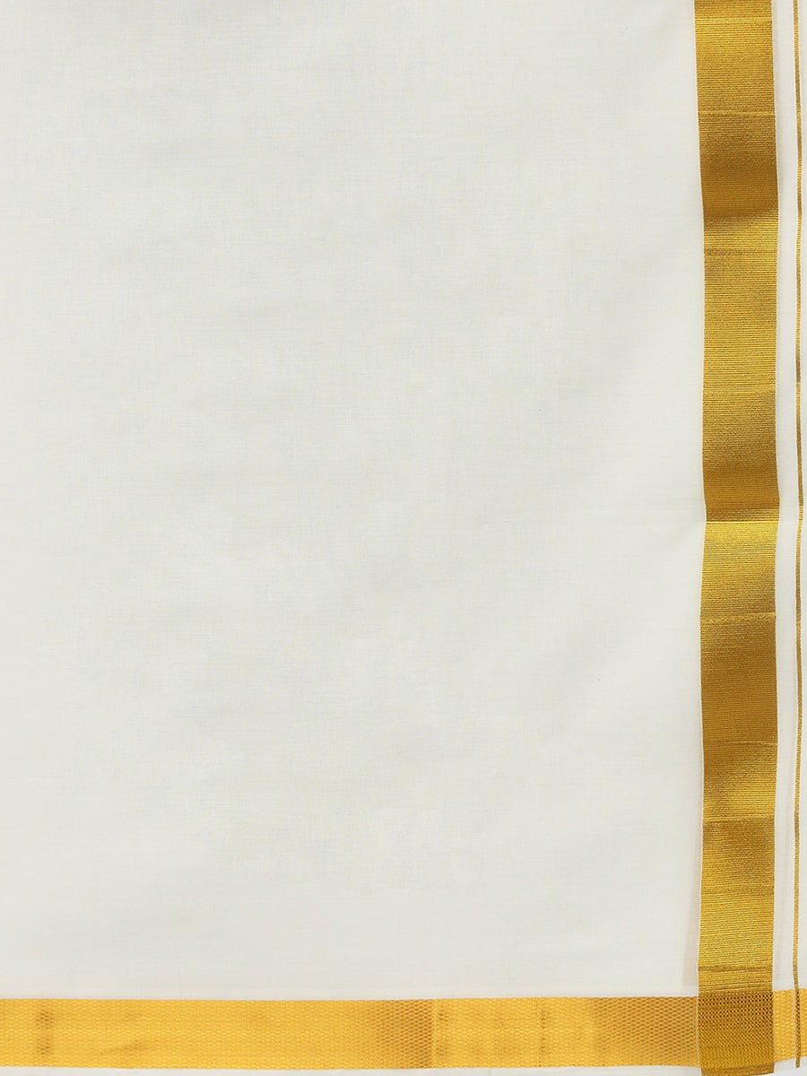 Mens Cream Double Dhoti with 1 1/2" Gold Jari Border Gold Fine Pet-Bottom view