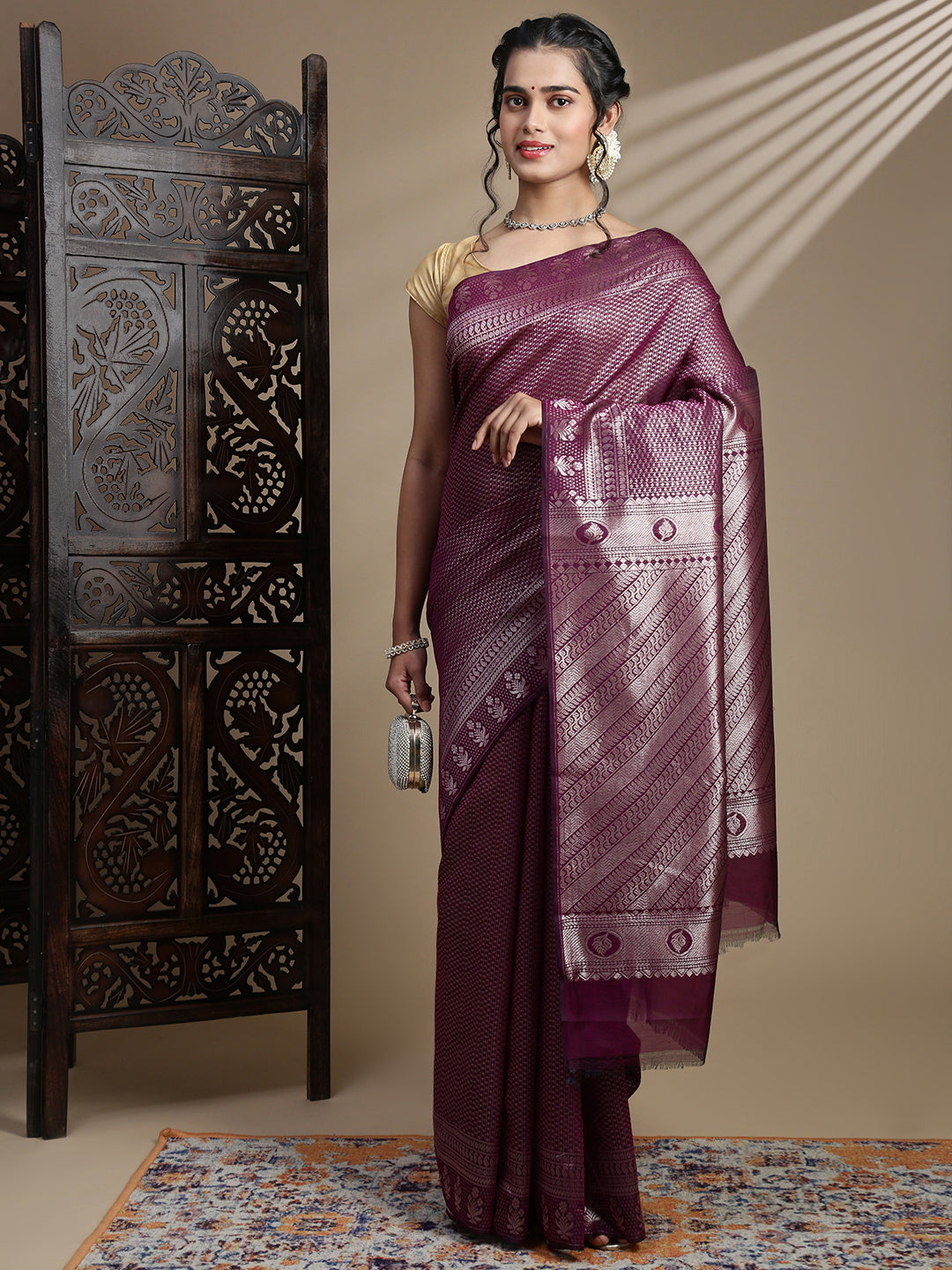 Women Dark Purple Semi Kora Cotton Saree SK118