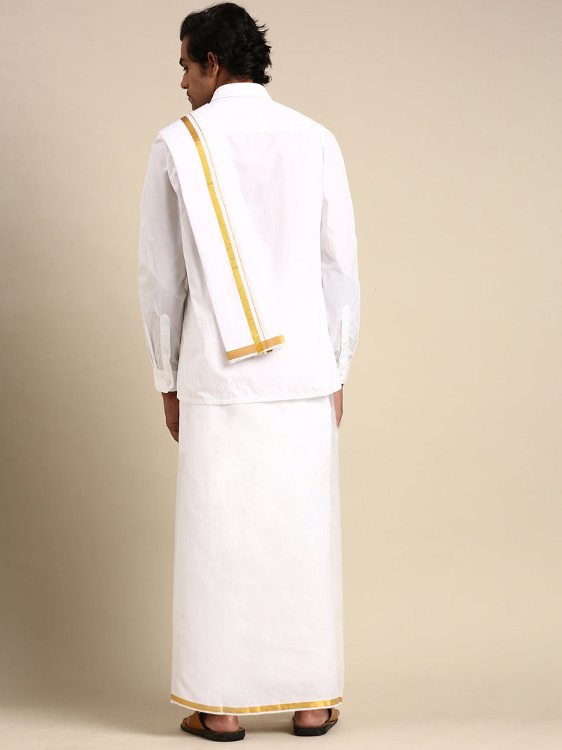 Premium White Full Sleeves Shirt with Double Dhoti & Towel Combo