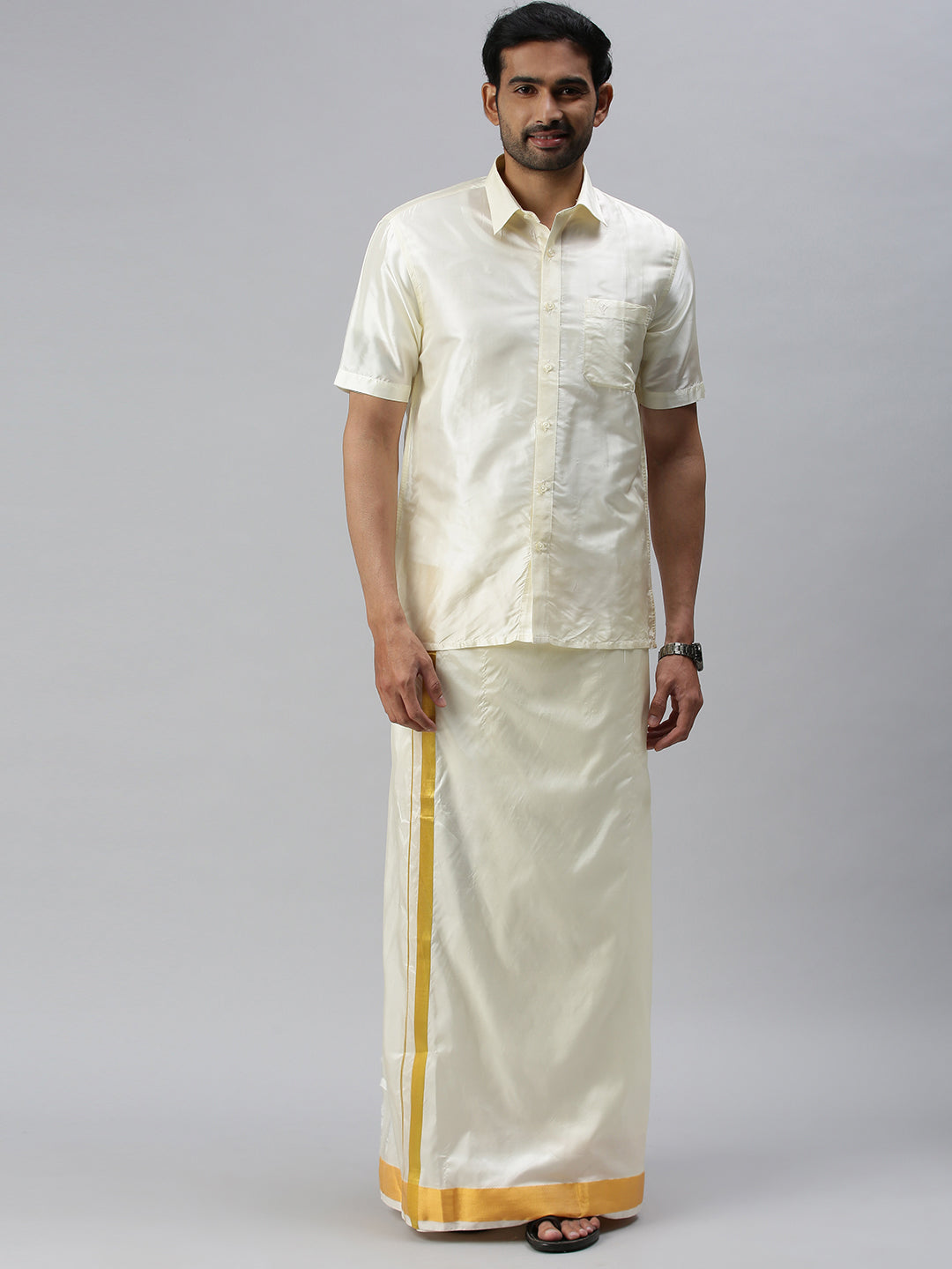 Men Silk Cream Double Dhoti 3/4" inch Gold Jari Border Suba Vivaga
