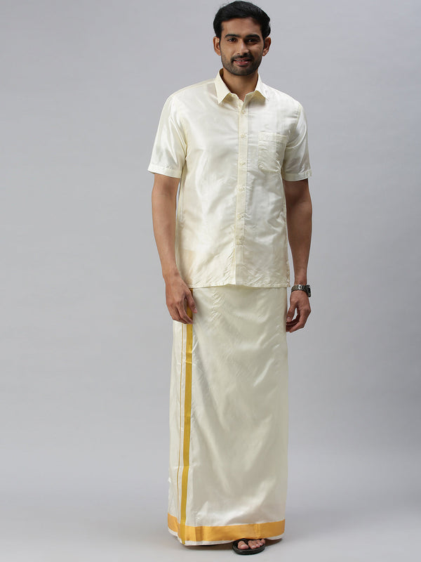 Mens Silk Feel Cream Shirt Half Sleeves with Dhoti Combo