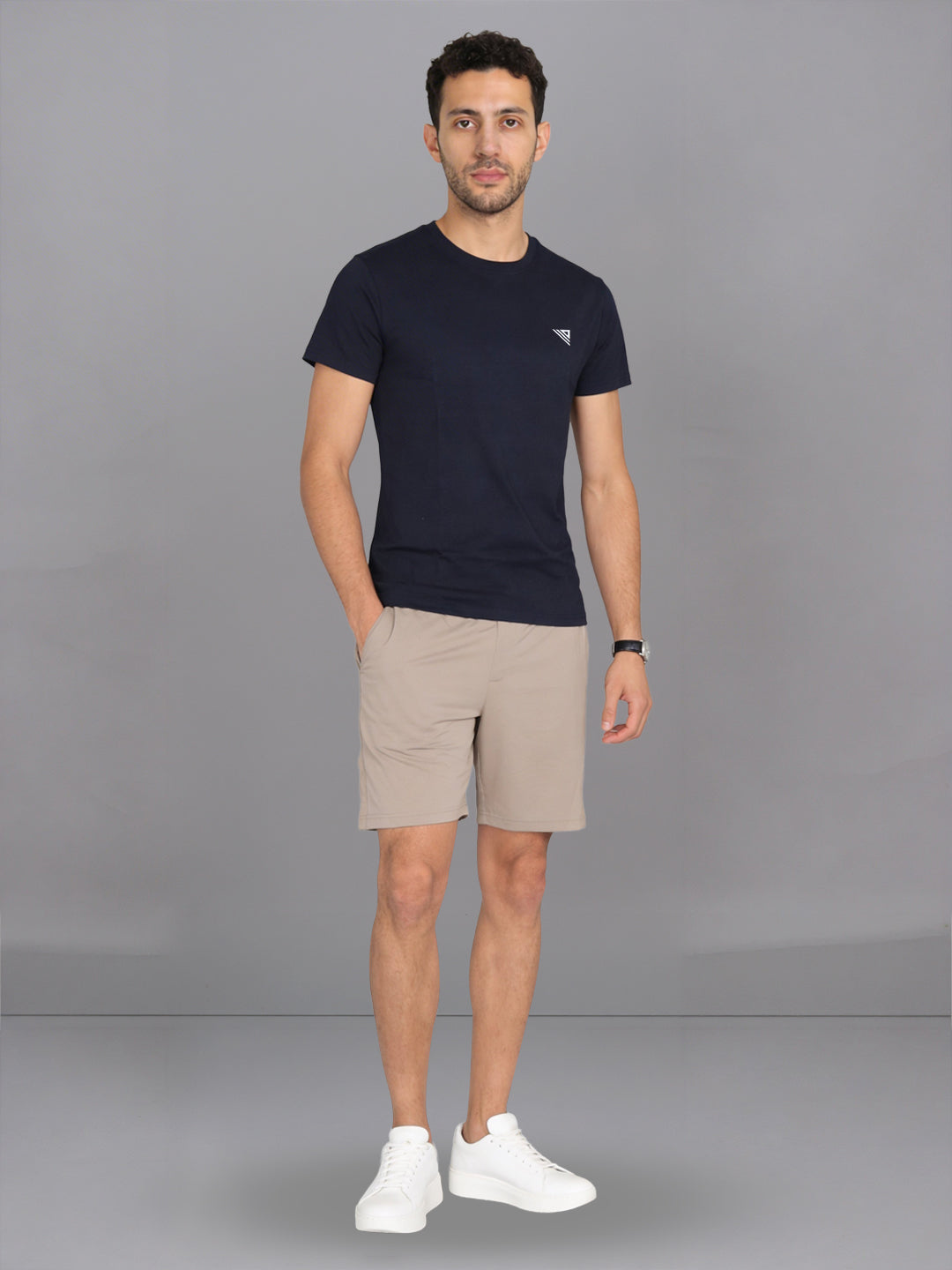 Men Navy Crew neck T-Shirt with Beige Shorts Combo ES6