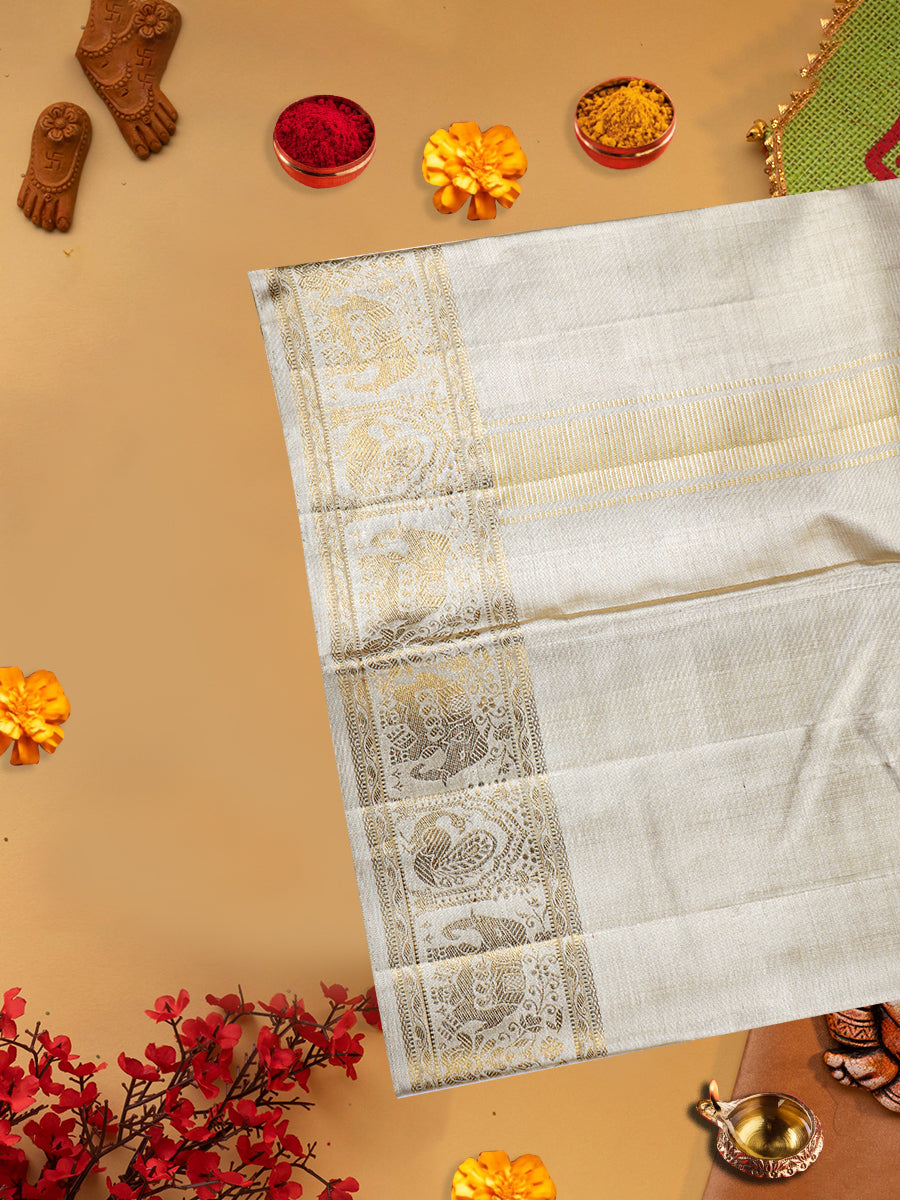 Premium Pure Silk Tissue Gold Dhoti With Angavastram 4" Jari Border Agarshanaa-View three