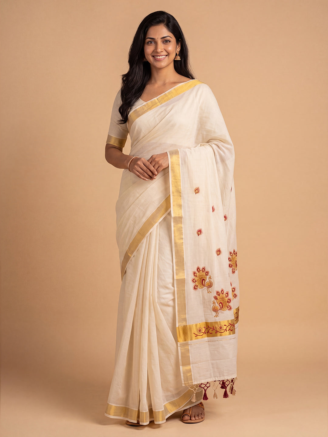 Women Kora Cotton Cream Embroidered Saree with Gold Jari KLS65