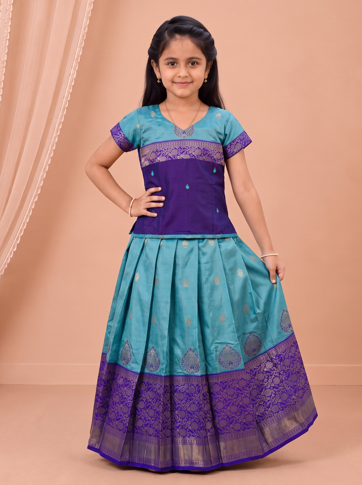 Girls Art Silk Sky Blue with Navy Pattu Pavadai Set GPS70