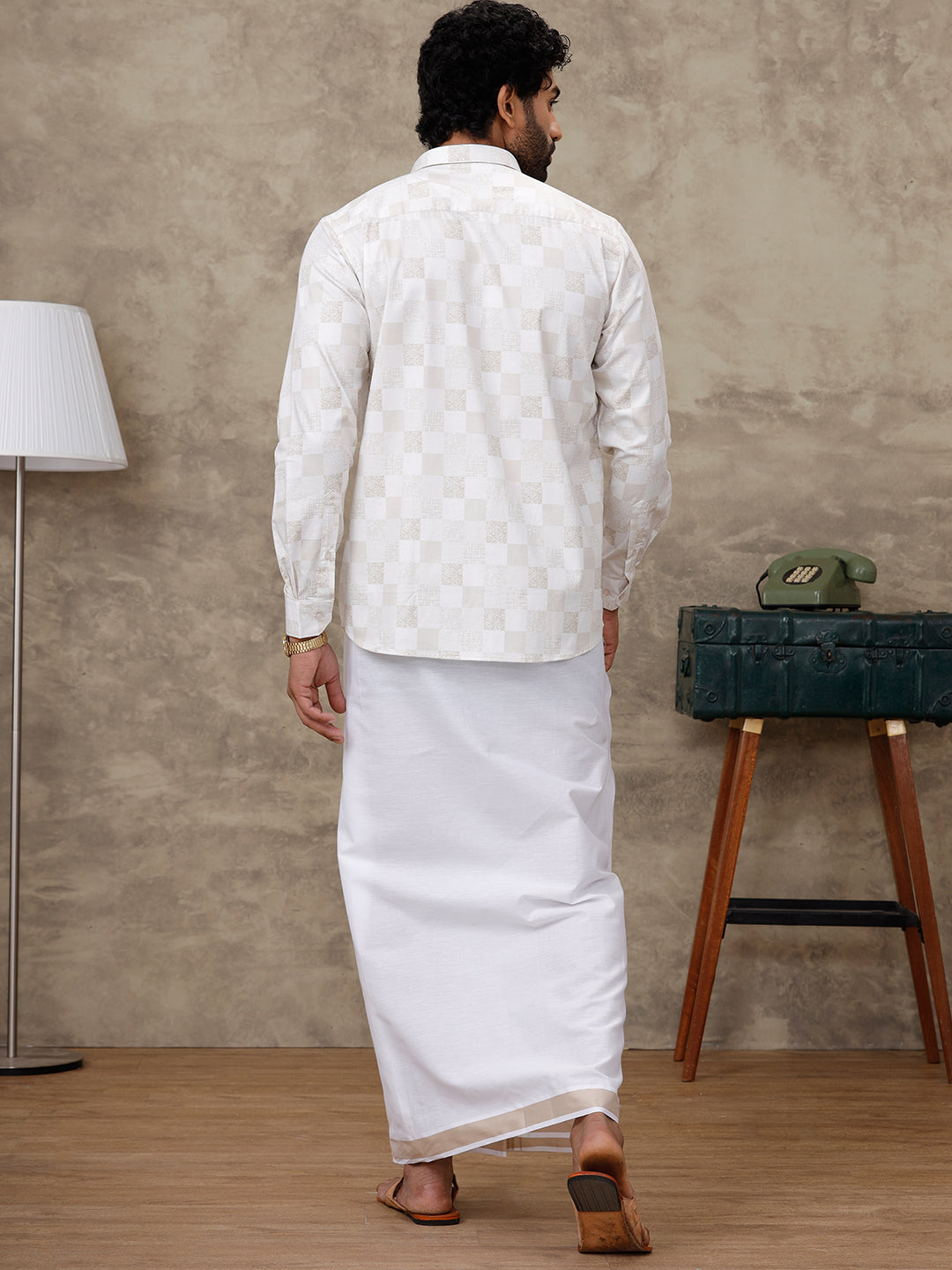 Men Cream Matching Border Dhoti With Printed Shirt Set Fusion PS1