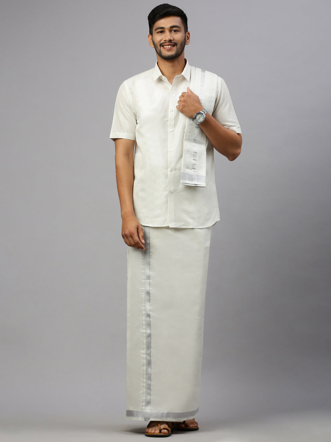 Men Tissue Silver Half Sleeve Shirt Jari Dhoti & Towel Set