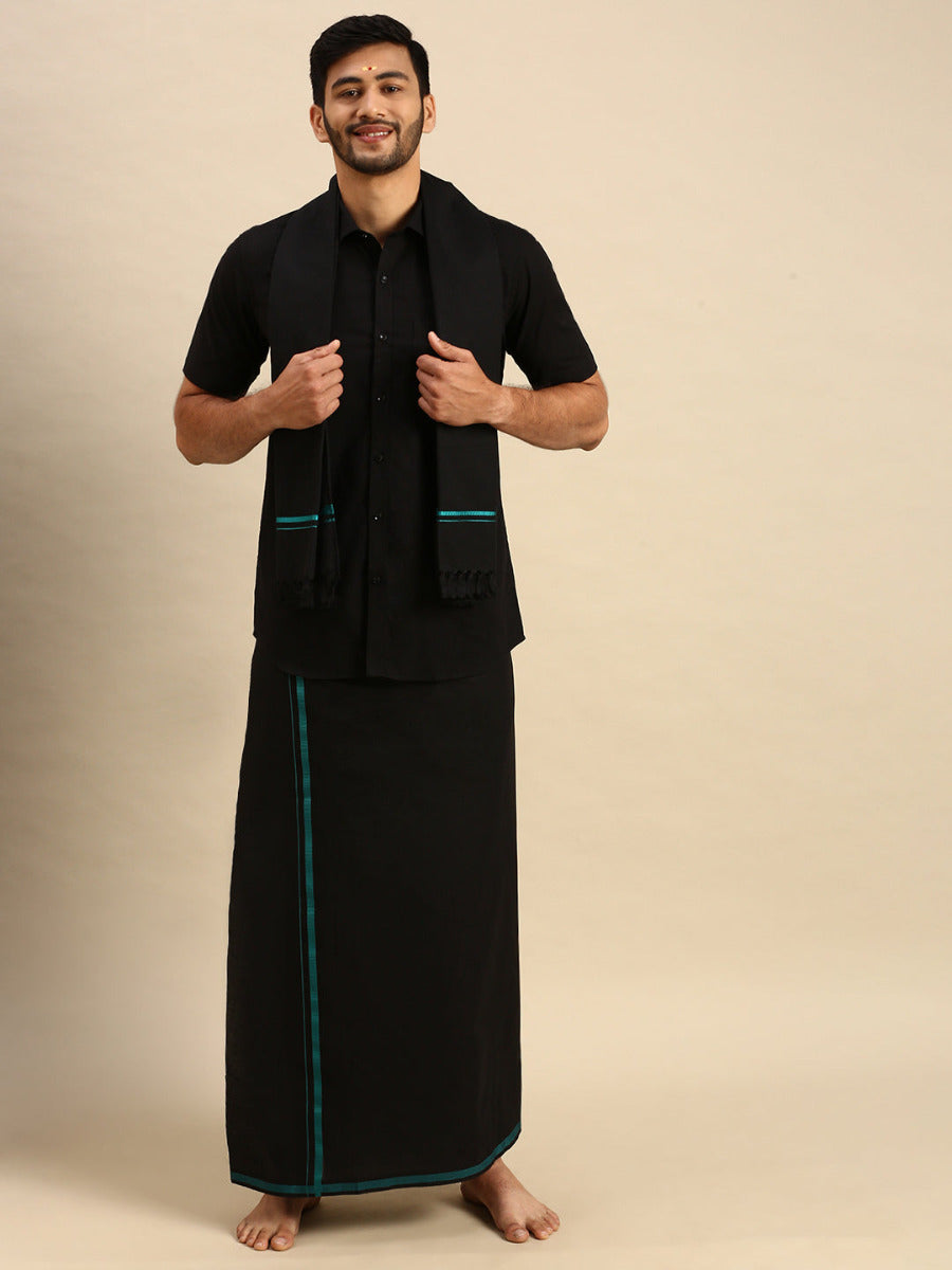 Men Devotional Half Sleeve Shirt Dhoti & Towel 3 in 1 Black