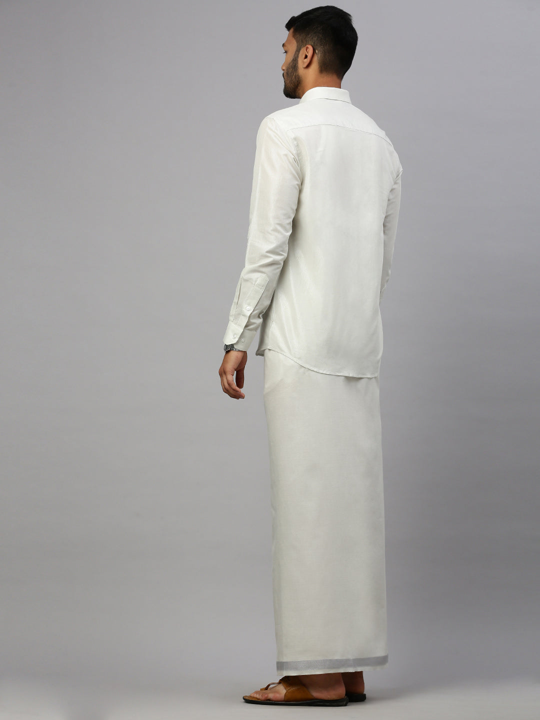 Men Tissue Silver Dhoti & Shirt Set