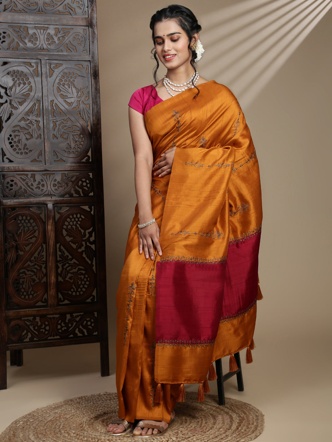 Women Orange Semi Tussar Embroidered Saree ST316