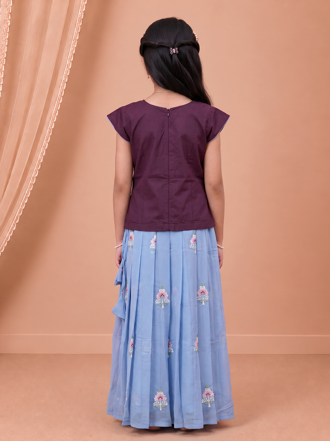 Girls Art Silk Dark Purple with Blue Pattu Pavadai Set GPS81