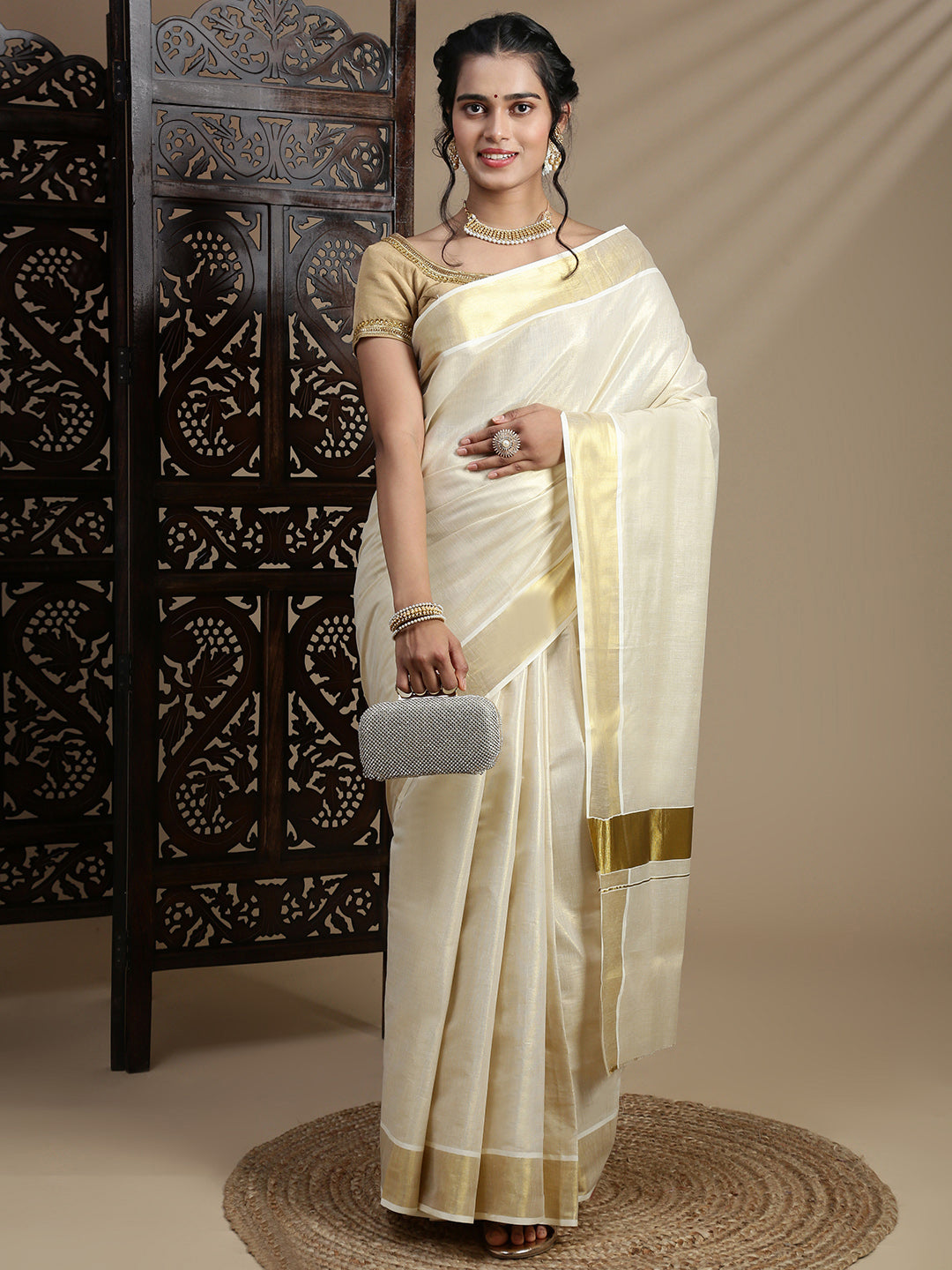 Women Kerala Tissue Gold Plain Saree KS219
