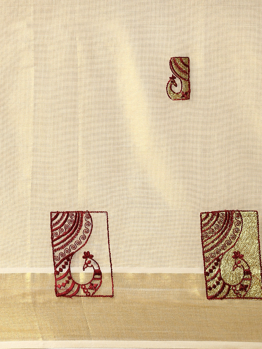 Kerala Cream Gold Jari Embroidery Saree KS111