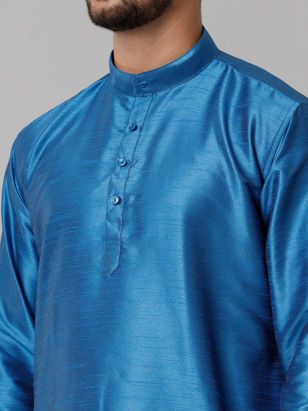 Mens Polyster Blue Medium Length Kurta with Art Silk Panchakacham Towel Combo SL01-Zoom view
