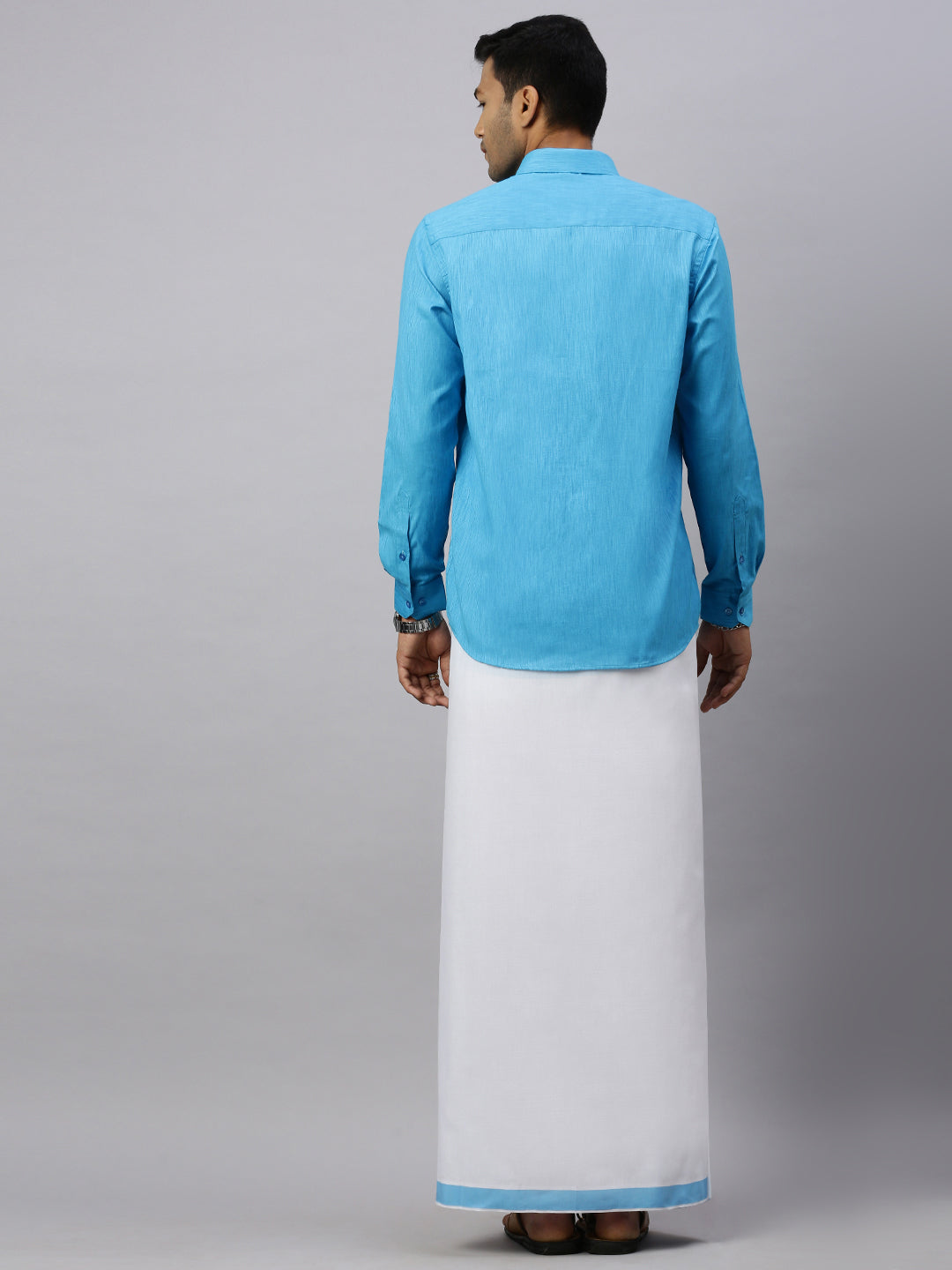 Mens Eastern Blue Matching Border Dhoti & Full Sleeves Shirt Set CV5
