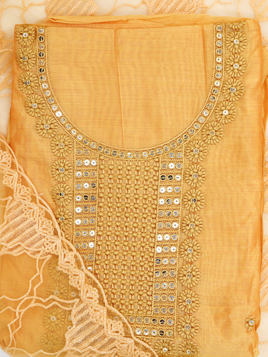 Women Semi Chanderi Embroidered Dress Material  Golden Yellow DM361