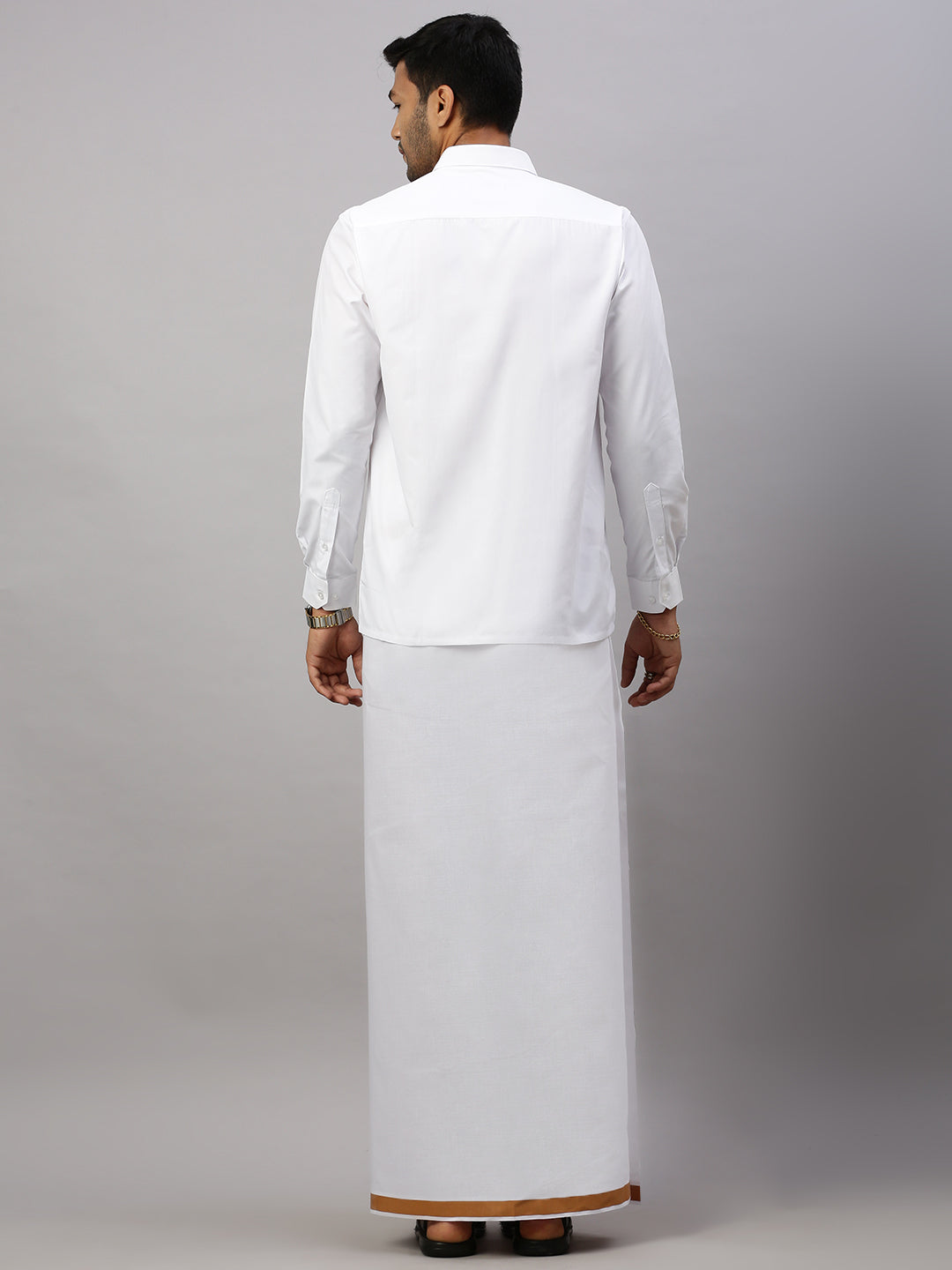 Mens Elegant Look Cotton Single Dhoti with Gold Fancy Border