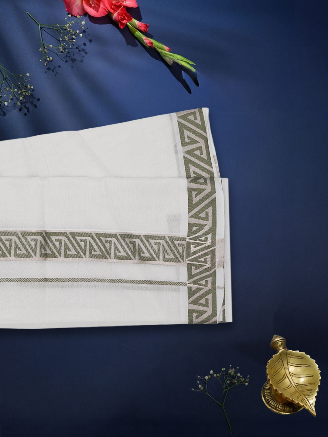 Men Premium Cotton Double Layer White Dhoti with Green Fancy Jari Border Luxury Club LC19