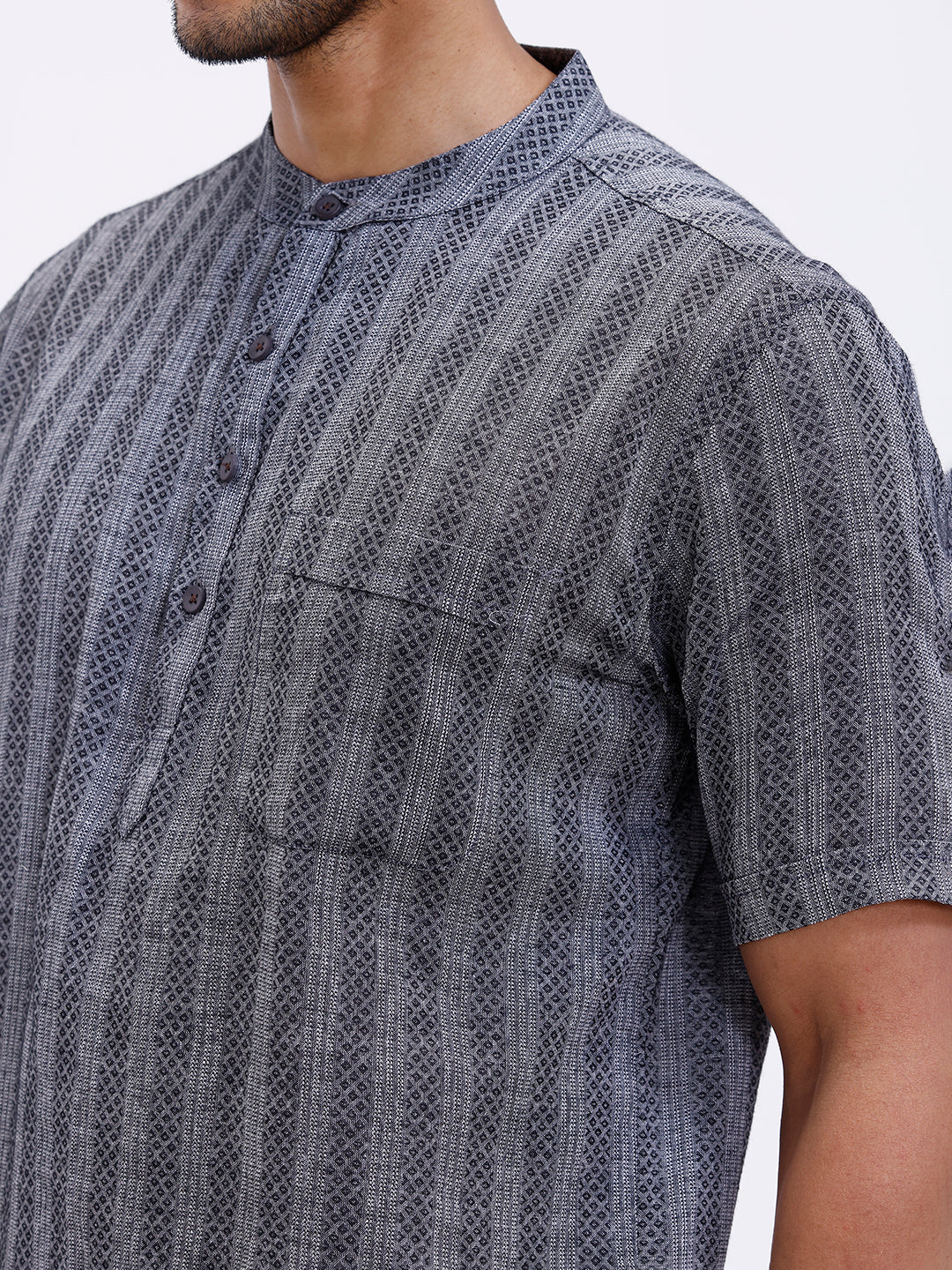 Men Cotton Short Length Self Design Pocket Kurta Mid Grey RK8