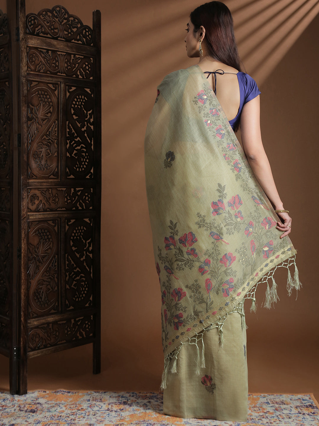 Women Green Cotton Weaving Saree PCS248