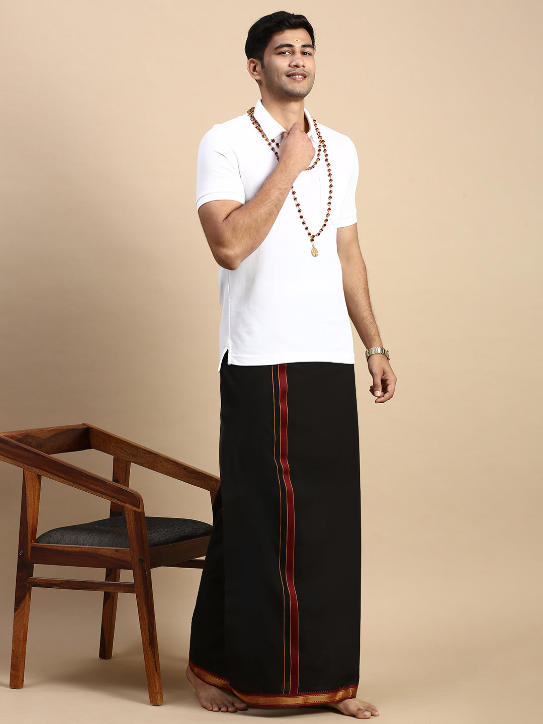 Men Devotional Mayilkhan Border Dhoti & TShirt Set Black EP1