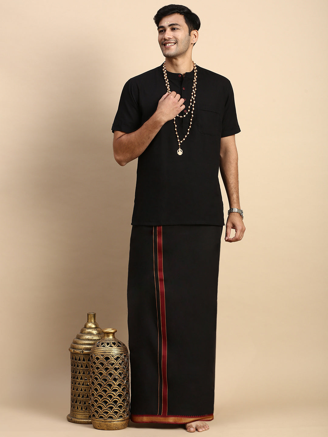 Men Devotional Mayilkhan Border Dhoti & Kurta Set Black PB17