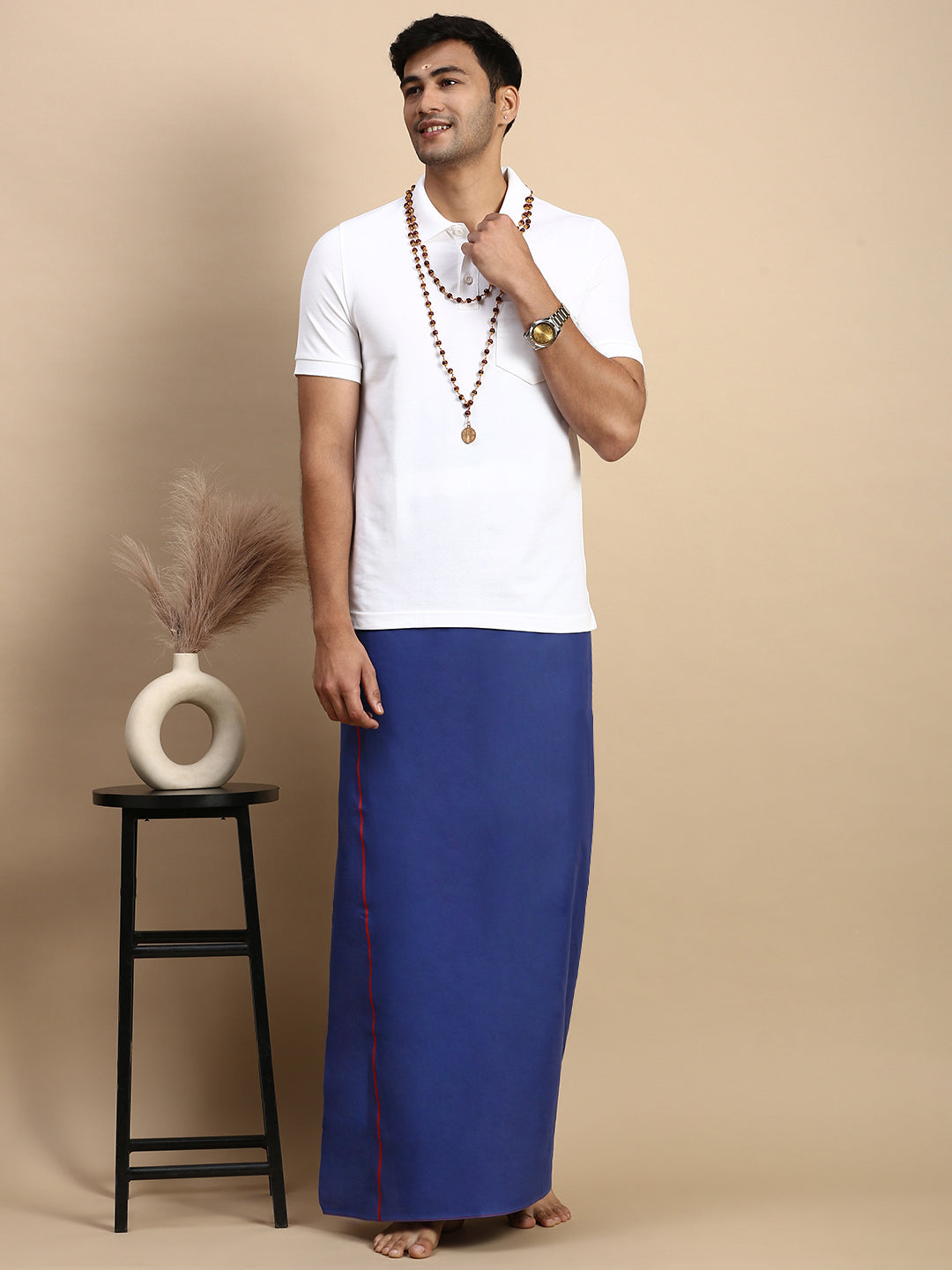 Men Devotional Small Border Dhoti & TShirt Set Blue EP1