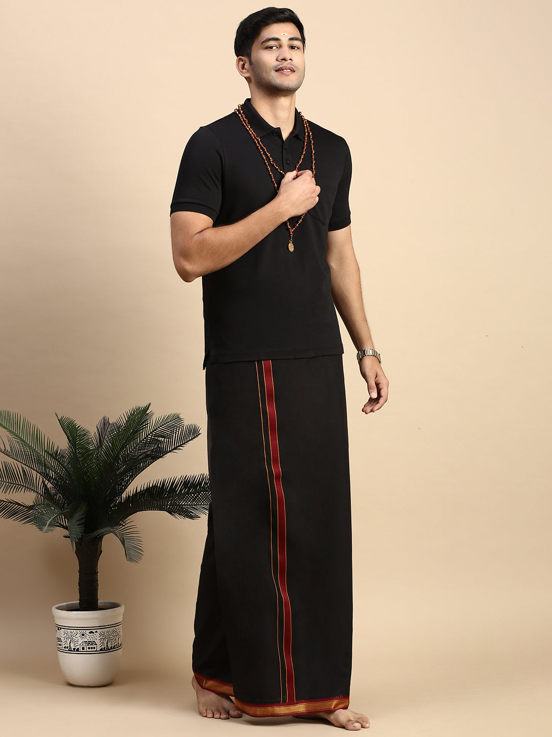 Men Devotional Mayilkhan Border Dhoti & TShirt Set Black EPD14