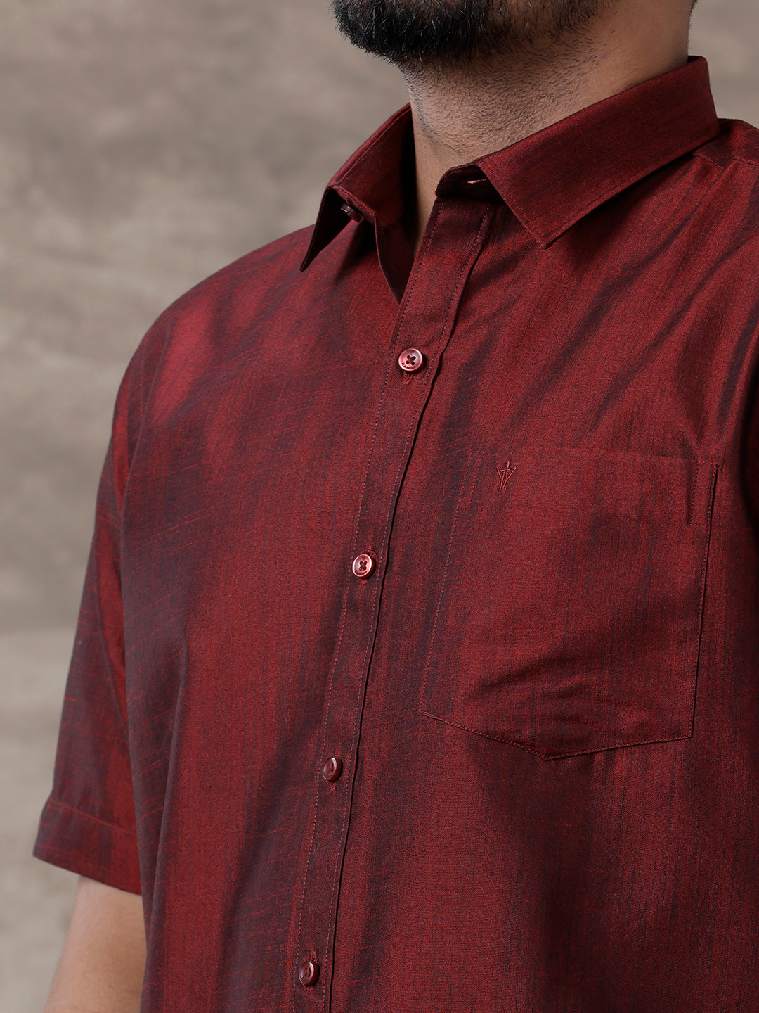 Men Matching Jari Border Dhoti & Half Sleeves Shirt Set Maroon VB7