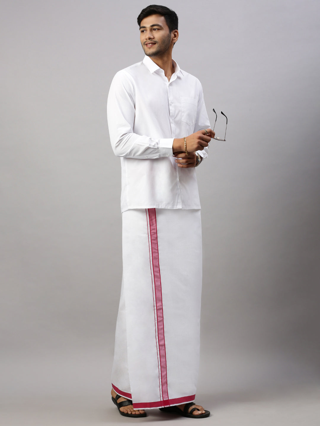 Mens White Shirt with Pink Fancy Border Dhoti Combo WP19