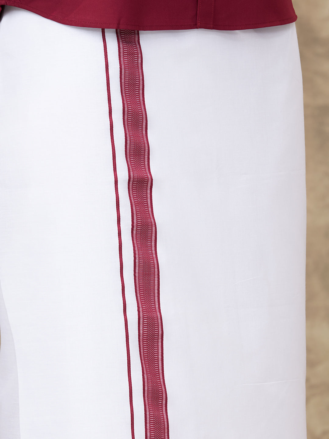 Men Dark Burgundy Shirt With Matching Border Dhoti Set Trendy