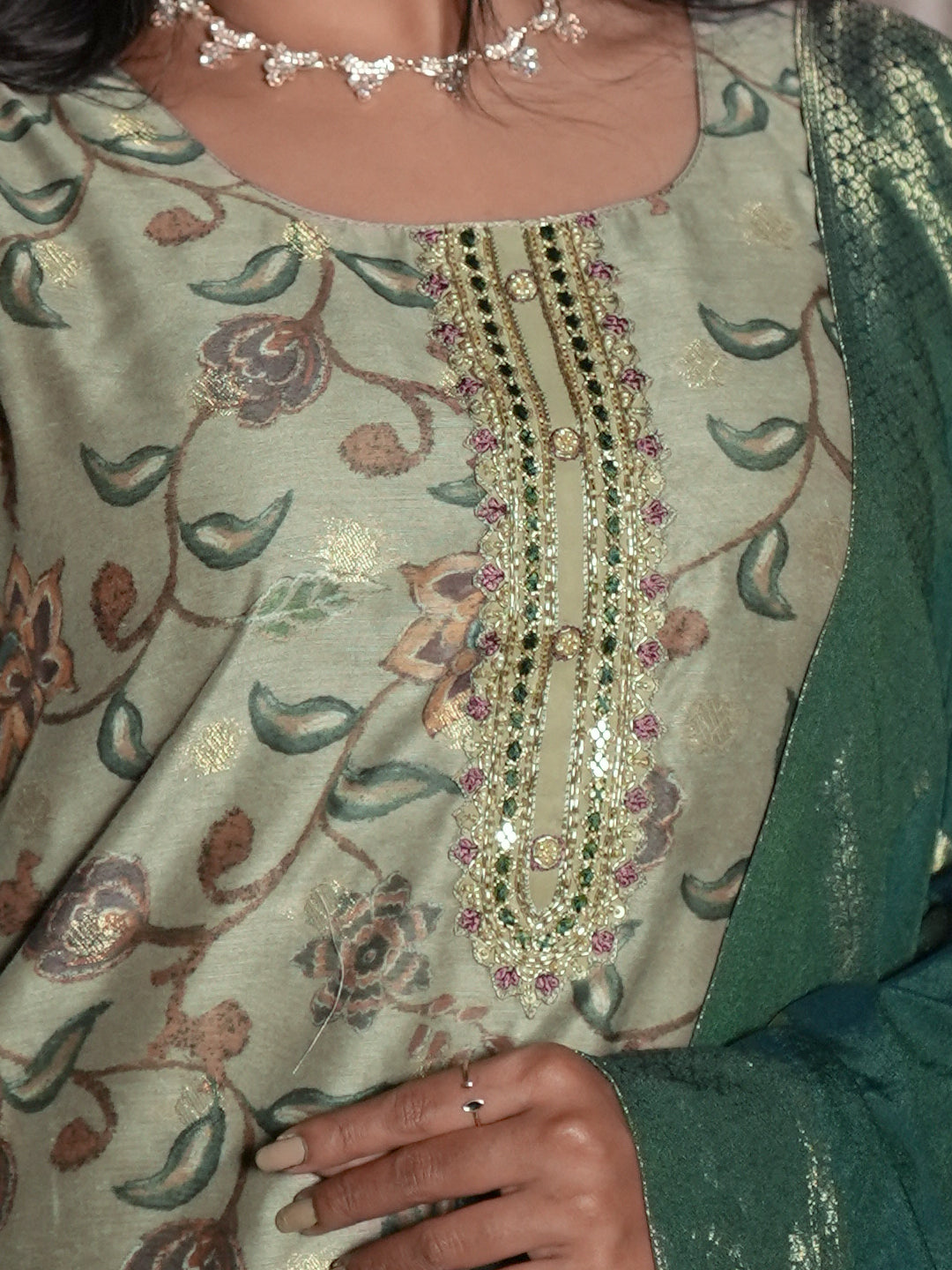 Women Green MM Silk Printed Kurti Set EKS120