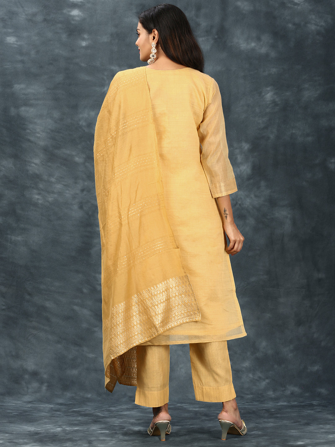 Women Cotton Embroidered Kurti Sets Yellow EKS15