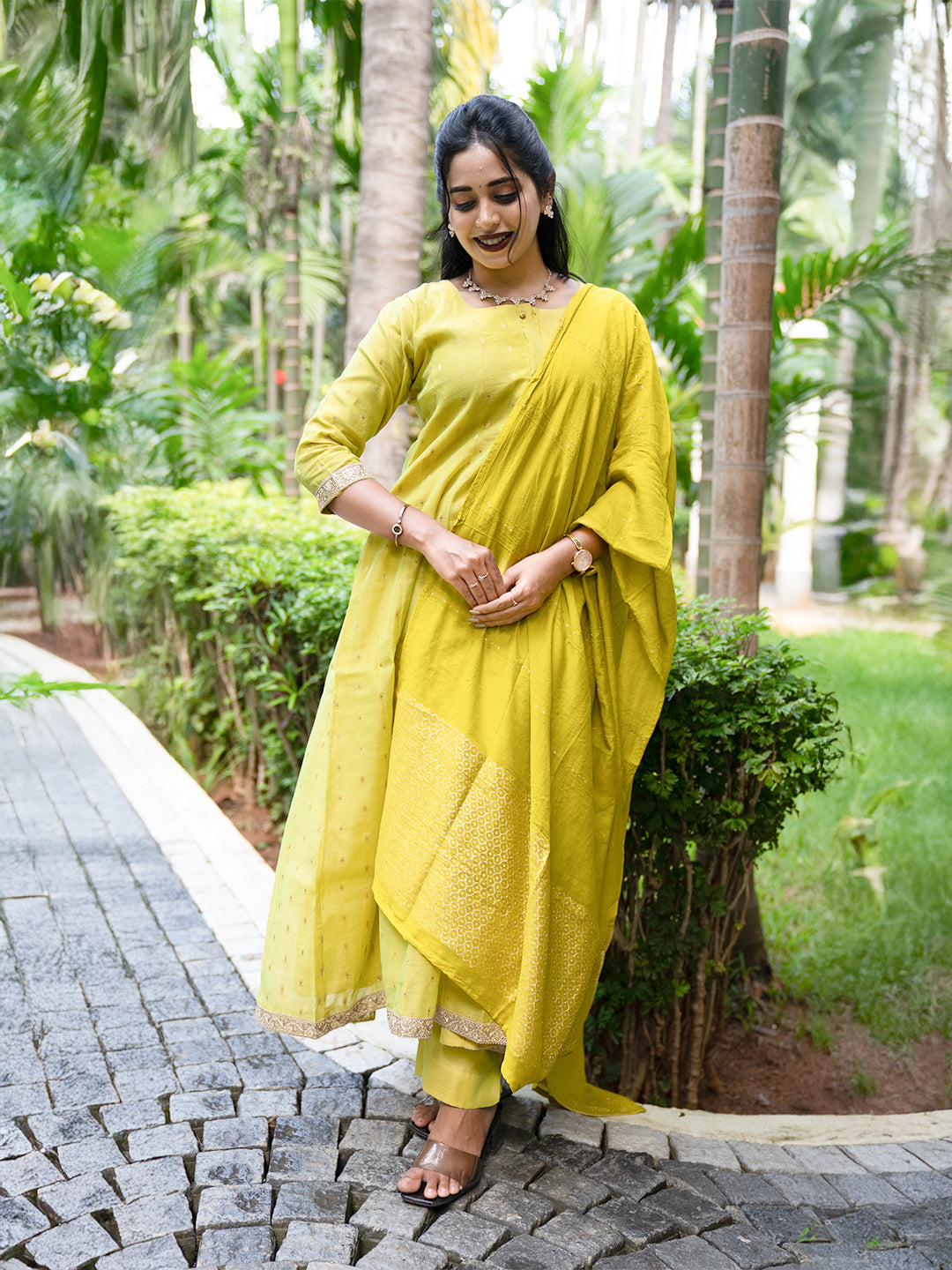 Women Green Cotton Mix Weaving Embroidered Kurti Set EKS103